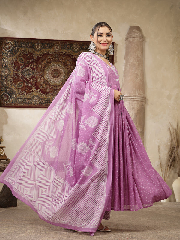 Kimayra Cotton Calf Length Printed 3/4 Sleeve V-Neck Flared Kurta Suit Set