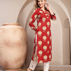 Kimayra Cotton Calf Length Printed 3/4 Sleeve V-Neck Straight Kurta
