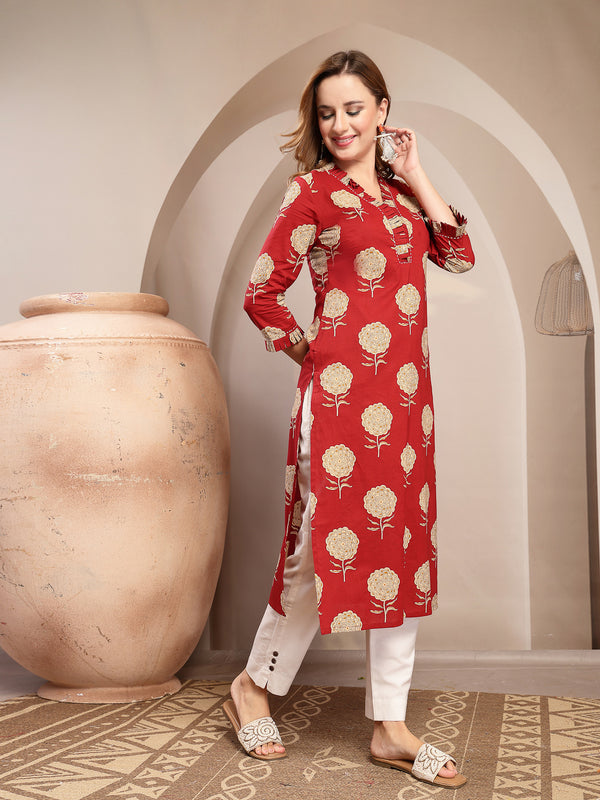 Kimayra Cotton Calf Length Printed 3/4 Sleeve V-Neck Straight Kurta
