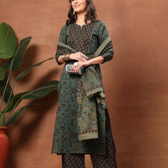 Kimayra Cotton Calf Length Printed 3/4 Sleeve Round Neck Straight Kurta Suit Set