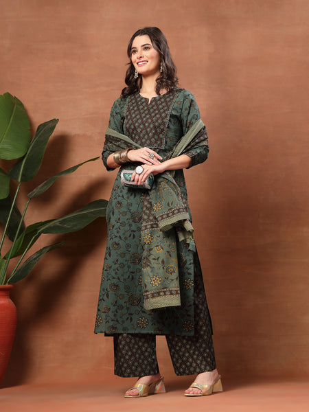 Kimayra Cotton Calf Length Printed 3/4 Sleeve Round Neck Straight Kurta Suit Set