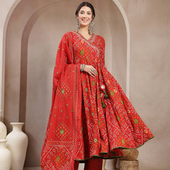 Kimayra Cotton Calf Length Printed 3/4 Sleeve Angrakha Flared Kurta Suit Set