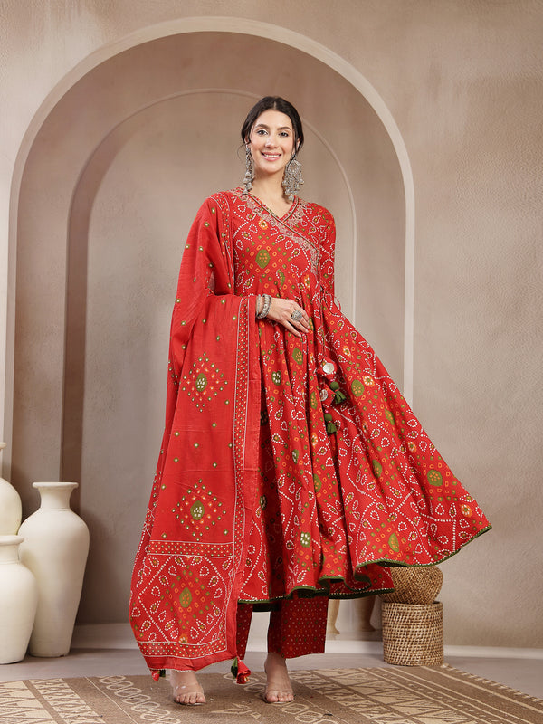 Kimayra Cotton Calf Length Printed 3/4 Sleeve Angrakha Flared Kurta Suit Set
