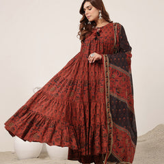 Kimayra Cotton Ankle Length Printed Full Sleeve Key Hole Neck Flared Kurta Suit Set
