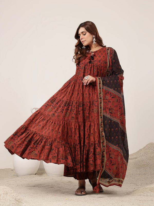 Kimayra Cotton Ankle Length Printed Full Sleeve Key Hole Neck Flared Kurta Suit Set