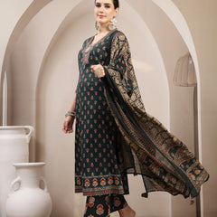 Kimayra Cotton Calf Length Printed 3/4 Sleeve V-Neck A-Line Kurta Suit Set