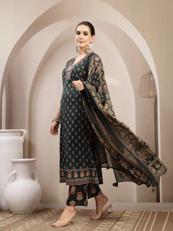 Kimayra Cotton Calf Length Printed 3/4 Sleeve V-Neck A-Line Kurta Suit Set