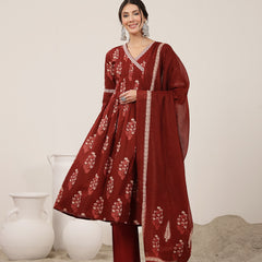 Kimayra Cotton Calf Length Printed 3/4 Sleeve V-Neck Flared Kurta Suit Set