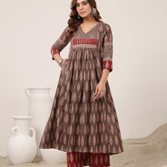 Kimayra Cotton Calf Length Printed 3/4 Sleeve V-Neck Flared Kurta Suit Set