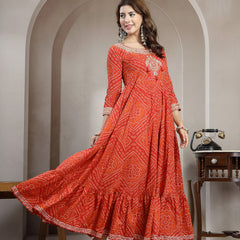 Kimayra Cotton Ankle Length Printed 3/4 Sleeve Round Neck Flared Kurta