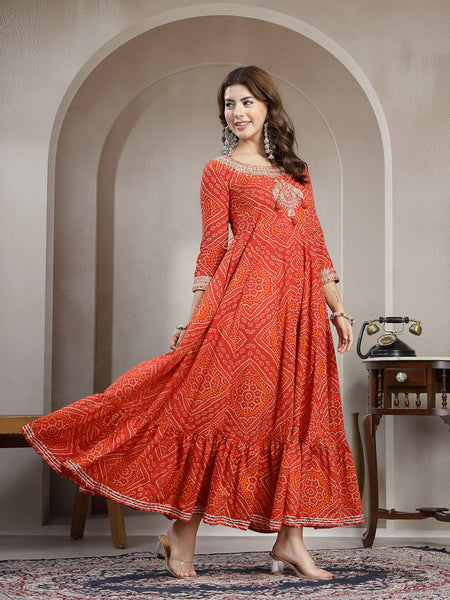 Kimayra Cotton Ankle Length Printed 3/4 Sleeve Round Neck Flared Kurta