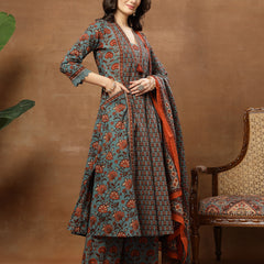 Kimayra Cotton Calf Length Printed 3/4 Sleeve V-Neck Flared Kurta Suit Set