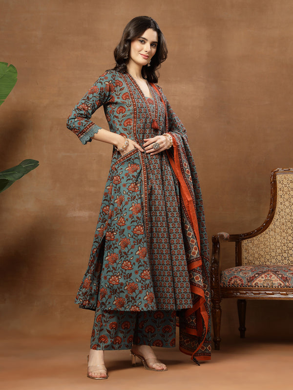 Kimayra Cotton Calf Length Printed 3/4 Sleeve V-Neck Flared Kurta Suit Set