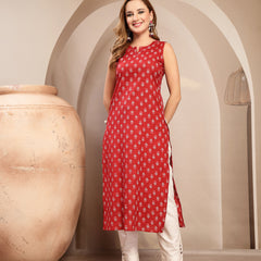 Kimayra Cotton Calf Length Printed Sleeveless Round Neck Straight Kurta