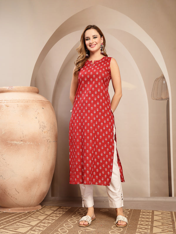 Kimayra Cotton Calf Length Printed Sleeveless Round Neck Straight Kurta