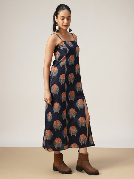 Kimayra Cotton Calf Length Printed Sleeveless Square Neck Straight Dress