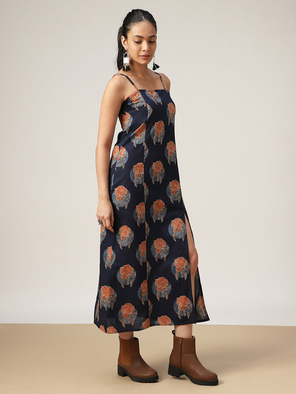 Kimayra Cotton Calf Length Printed Sleeveless Square Neck Straight Dress