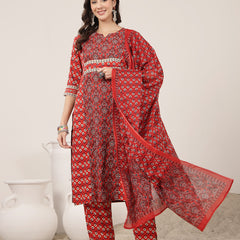 Kimayra Rayon Calf Length Printed 3/4 Sleeve Round Neck Straight Kurta Suit Set