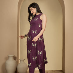 Kimayra Rayon Calf Length Printed Sleeveless Round Neck A-Line Kurta Suit Set