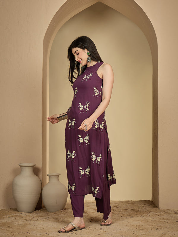 Kimayra Rayon Calf Length Printed Sleeveless Round Neck A-Line Kurta Suit Set