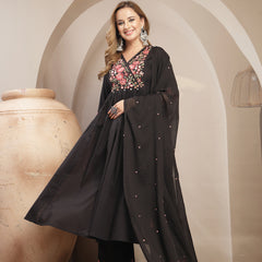 Kimayra Cotton Calf Length Solid 3/4 Sleeve V-Neck Flared Kurta Suit Set