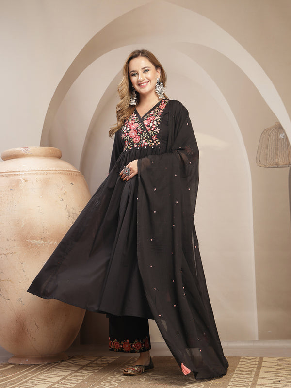 Kimayra Cotton Calf Length Solid 3/4 Sleeve V-Neck Flared Kurta Suit Set