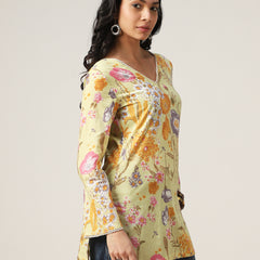 Kimayra Cotton Hip Length Printed Full Sleeve V-Neck Straight Top