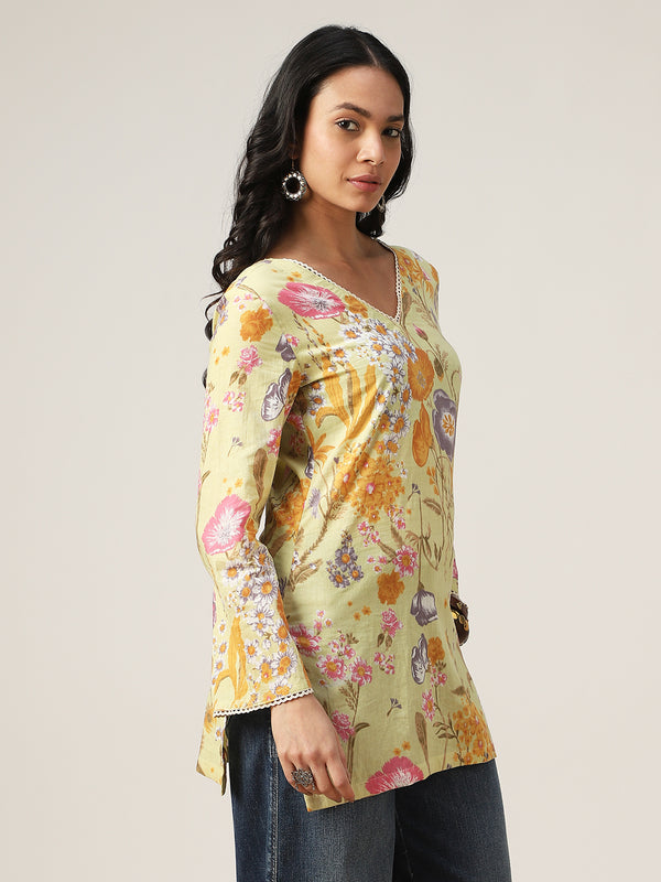 Kimayra Cotton Hip Length Printed Full Sleeve V-Neck Straight Top