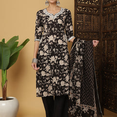 Kimayra Cotton Calf Length Printed 3/4 Sleeves Round Neck Anarkali Kurta Suit Set