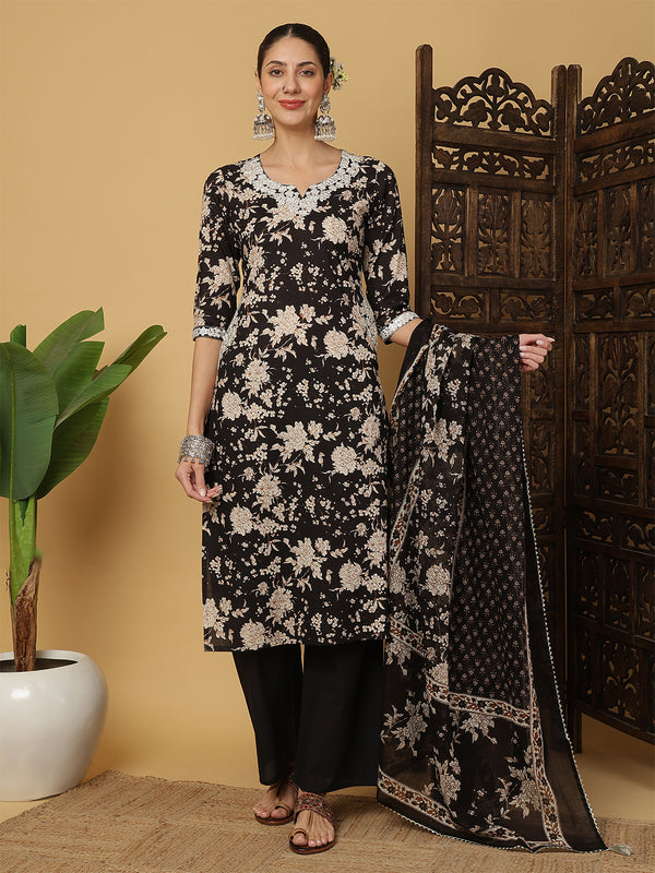 Kimayra Cotton Calf Length Printed 3/4 Sleeves Round Neck Anarkali Kurta Suit Set