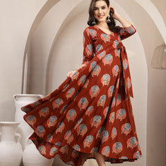 Kimayra Cotton Calf Length Printed 3/4 Sleeve V-Neck Flared Kurta