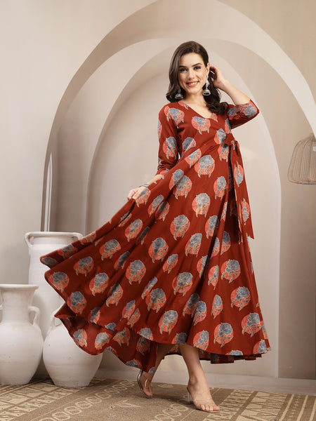 Kimayra Cotton Calf Length Printed 3/4 Sleeve V-Neck Flared Kurta