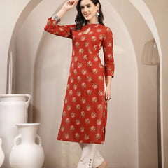 Kimayra Rayon Calf Length Printed 3/4 Sleeve Key Hole Neck Straight Kurta