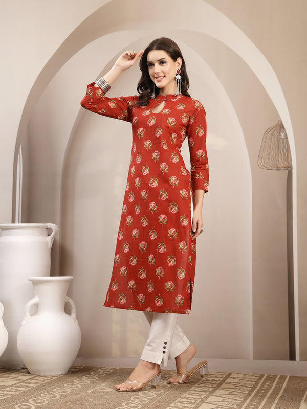 Kimayra Rayon Calf Length Printed 3/4 Sleeve Key Hole Neck Straight Kurta