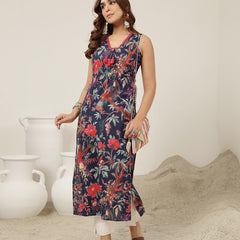 Kimayra Cotton Calf Length Printed Sleeveless V-Neck Straight Kurta