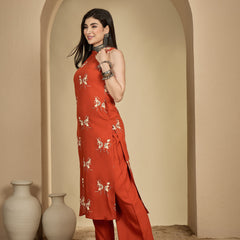 Kimayra Rayon Calf Length Printed Sleeveless Round Neck A-Line Kurta Suit Set