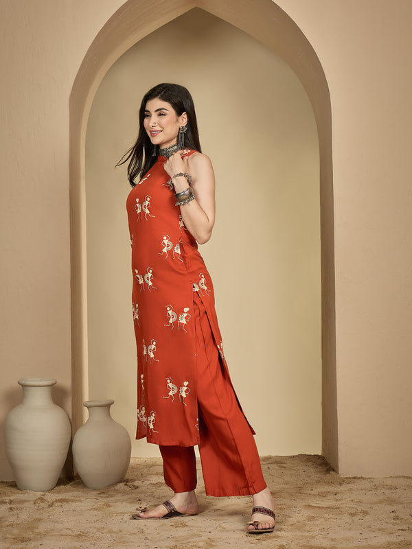 Kimayra Rayon Calf Length Printed Sleeveless Round Neck A-Line Kurta Suit Set