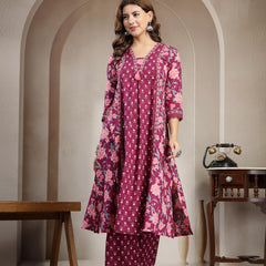 Kimayra Cotton Calf Length Printed 3/4 Sleeve V-Neck Flared Kurta Suit Set