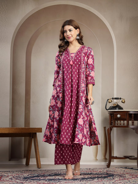 Kimayra Cotton Calf Length Printed 3/4 Sleeve V-Neck Flared Kurta Suit Set