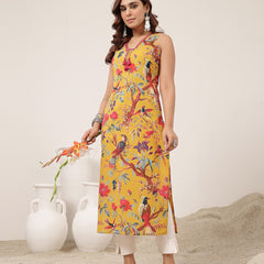 Kimayra Cotton Calf Length Printed Sleeveless V-Neck Straight Kurta