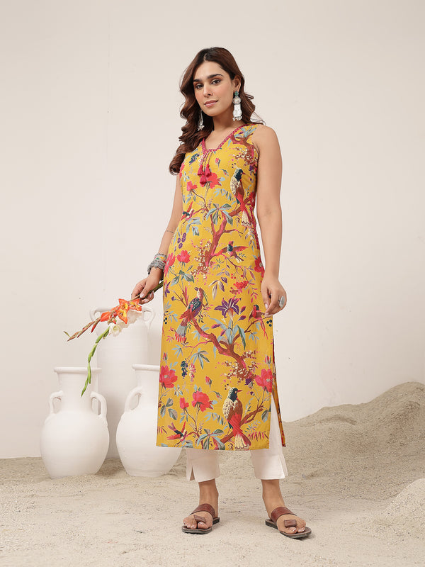 Kimayra Cotton Calf Length Printed Sleeveless V-Neck Straight Kurta