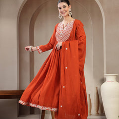 Kimayra Cotton Calf Length Solid 3/4 Sleeve Round Neck Flared Kurta Suit Set