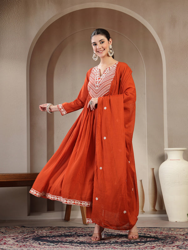Kimayra Cotton Calf Length Solid 3/4 Sleeve Round Neck Flared Kurta Suit Set