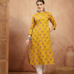 Kimayra Rayon Calf Length Printed 3/4 Sleeve Key Hole Neck Straight Kurta