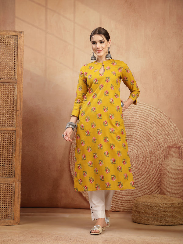 Kimayra Rayon Calf Length Printed 3/4 Sleeve Key Hole Neck Straight Kurta
