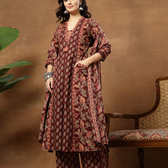 Kimayra Cotton Calf Length Printed 3/4 Sleeve V-Neck Flared Kurta Suit Set