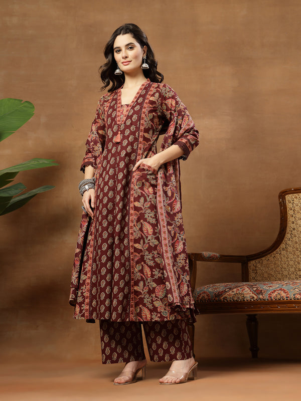 Kimayra Cotton Calf Length Printed 3/4 Sleeve V-Neck Flared Kurta Suit Set