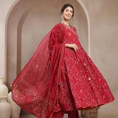 Kimayra Cotton Calf Length Printed 3/4 Sleeve Angrakha Flared Kurta Suit Set