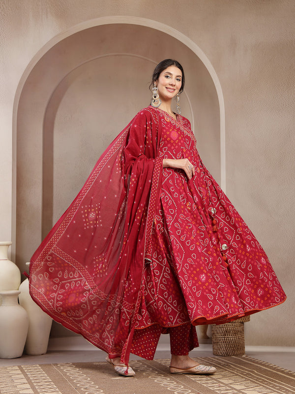 Kimayra Cotton Calf Length Printed 3/4 Sleeve Angrakha Flared Kurta Suit Set
