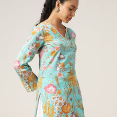 Kimayra Cotton Hip Length Printed Full Sleeve V-Neck Straight Top